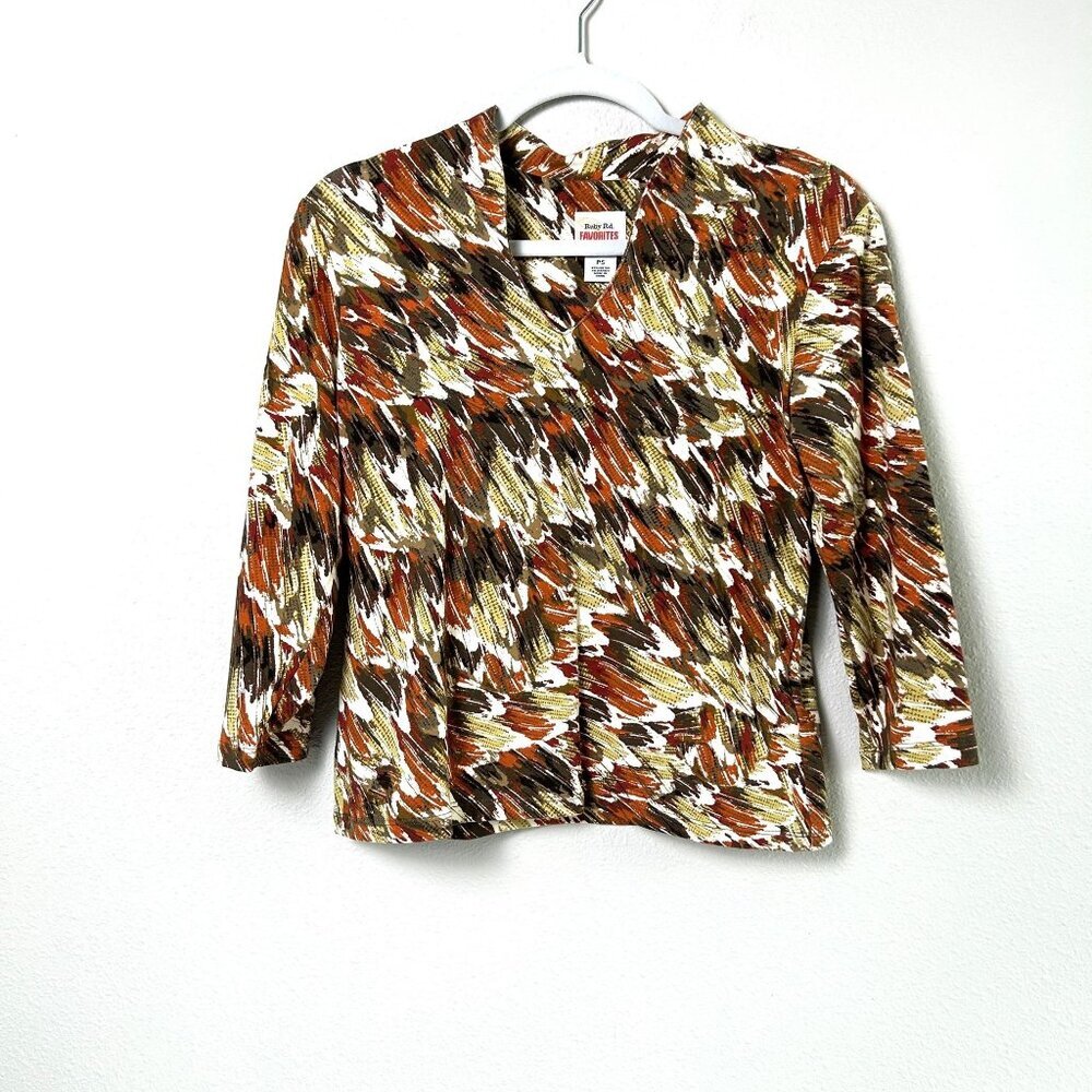 Ruby Rd Favorites Top‎ Petites S PS Green Orange Brown Pullover 3/4 Sleeve